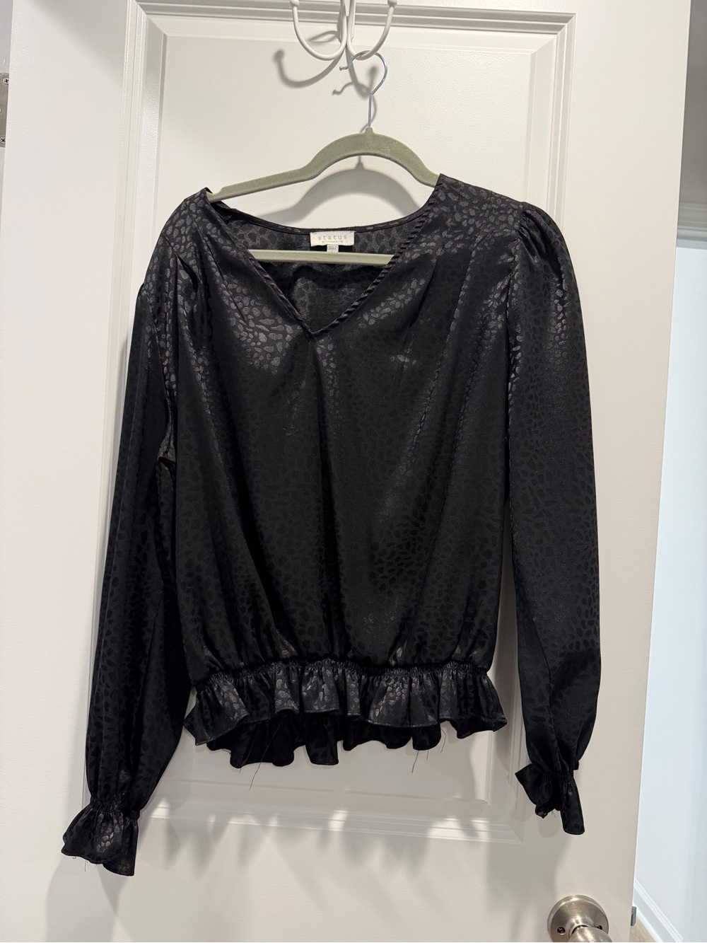 Black Satin-Textured Ruffle-Hem Blouse